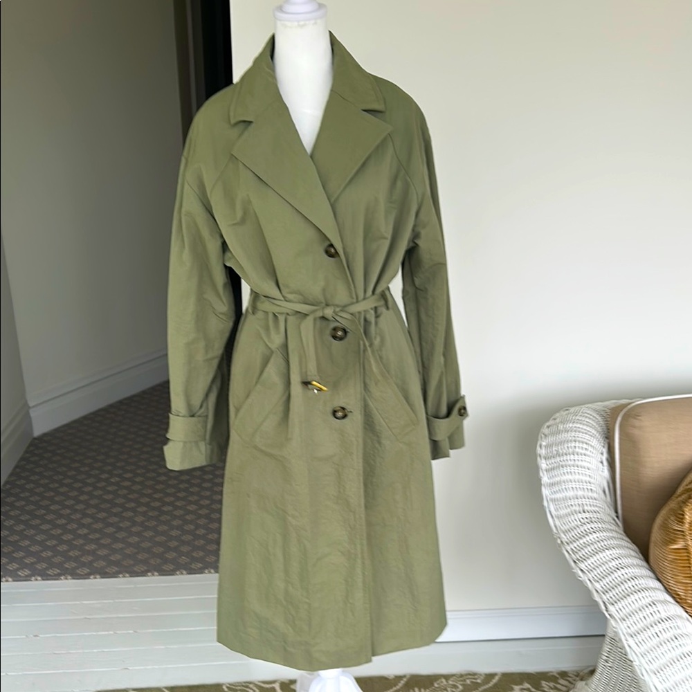 A.P.C. Oversized Green Trench Coat with Wide Lapel and Matching Belt